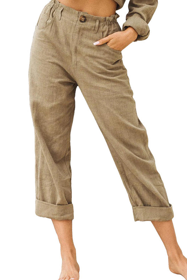 Solid color cotton and linen fashionable loose high waist casual pants Khaki