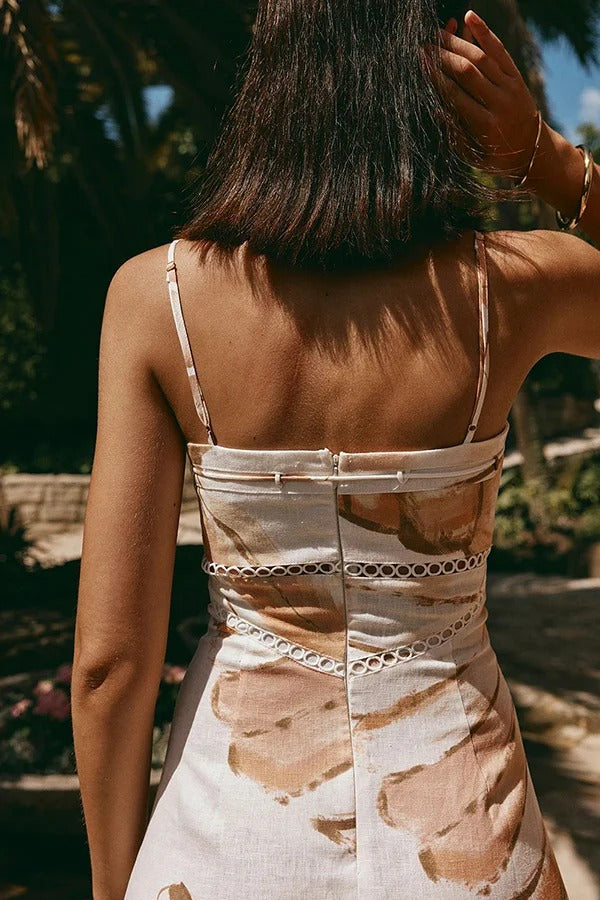 Daje Linen Blend Unique Print Round Hollow Trim Tie-up Bust Slip Maxi Dress