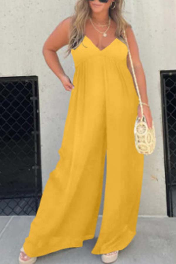 Effortless Back Tie-up Pocketed Wide Leg Cami Jumpsuit Yellow