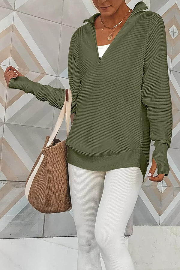 Half-Zip V-Neck Relaxed Rib-Knit Sweater Green