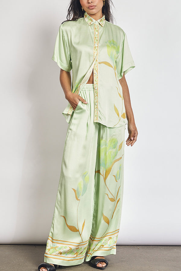 Niah Satin Tulip Print Lapel Short Sleeve Shirt and Elastic Waist Tie Pocket Wide Leg Pants Set Green