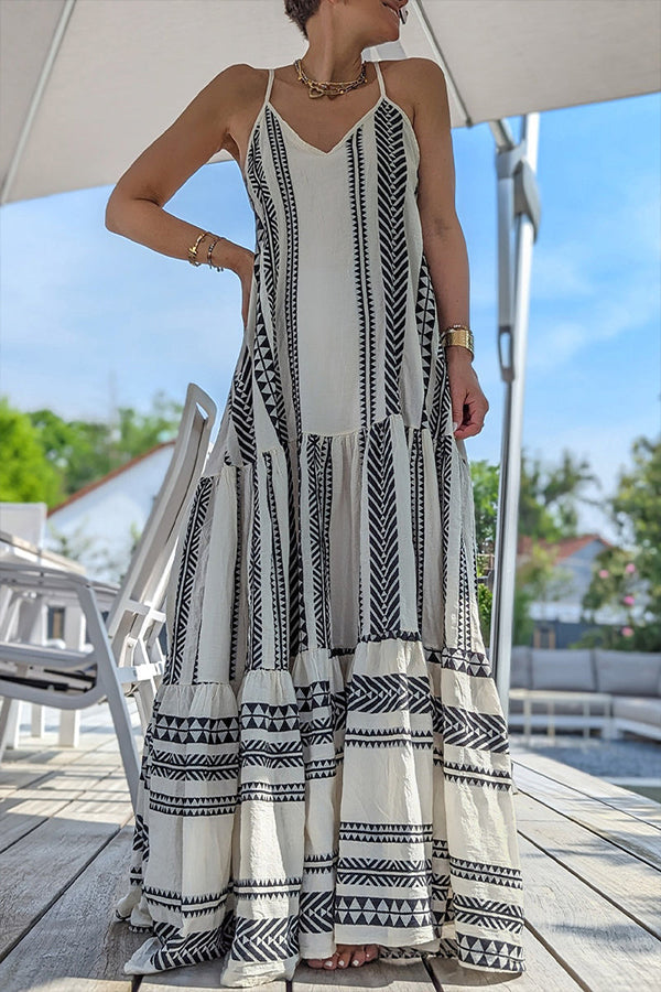 Sexy Vacation Geometric Print Backless V Neck Sling Dress Dresses White