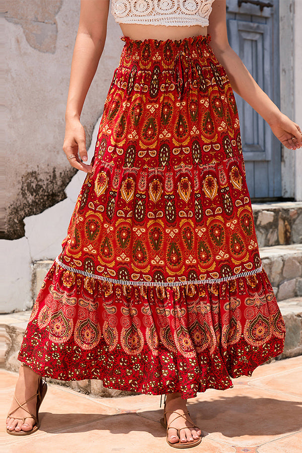 High waisted wide skirt rayon printed vacation beach skirt Orange