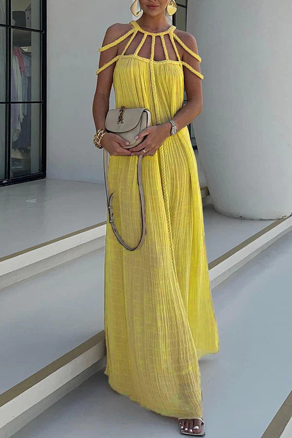 Modern and Sophisticated Linen Blend Draped Braids Cover Up Maxi Dress Yellow