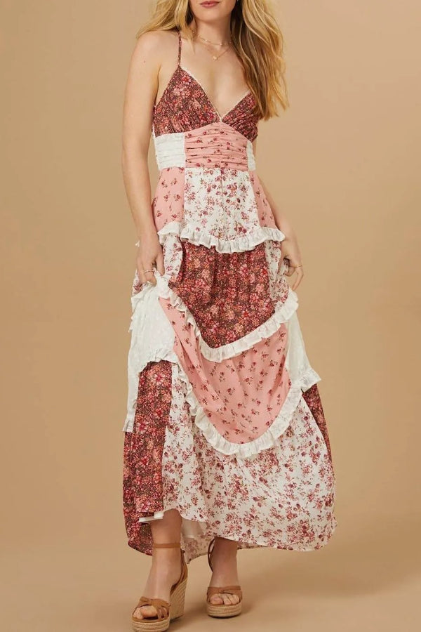 Elegant Patchwork Floral Print Maxi Dress Pink