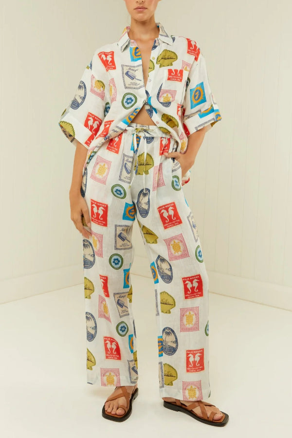 Fashion Printed Linen Casual All-match Shirt Cardigan Trousers Multicolor