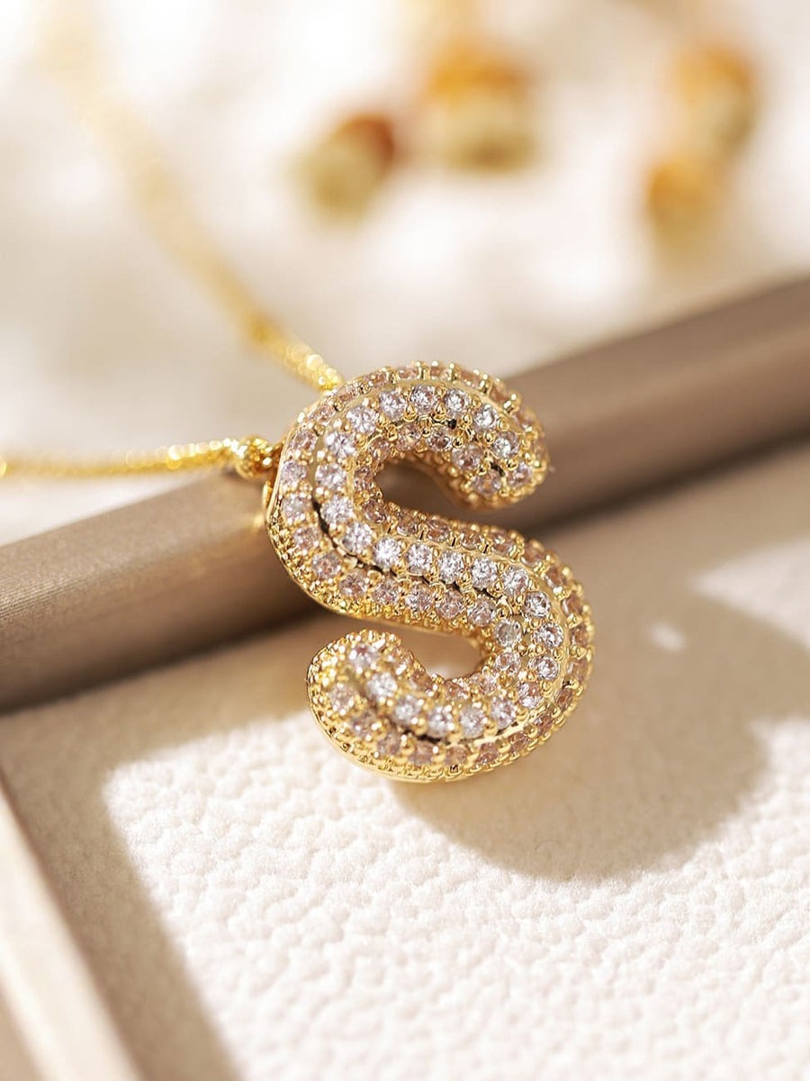 Pavé Bubble Letter Monogram Necklace Gold S