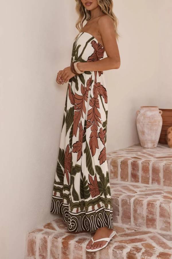 Tropical Leaf Print Strapless Tube Waisted Maxi Dress