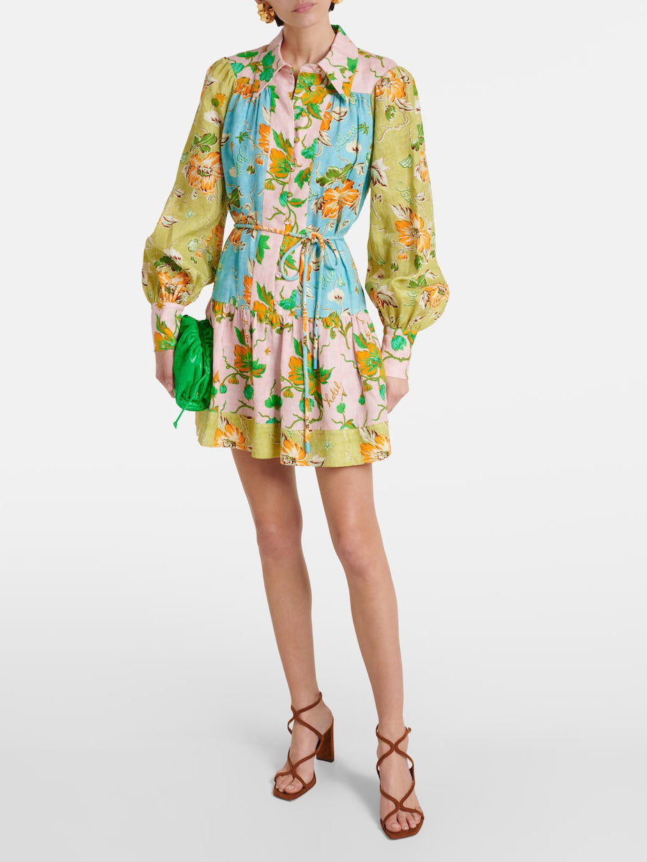 Exquisites Minikleid im Hemdstil mit mehrfarbigem Blumen-Patchwork-Print