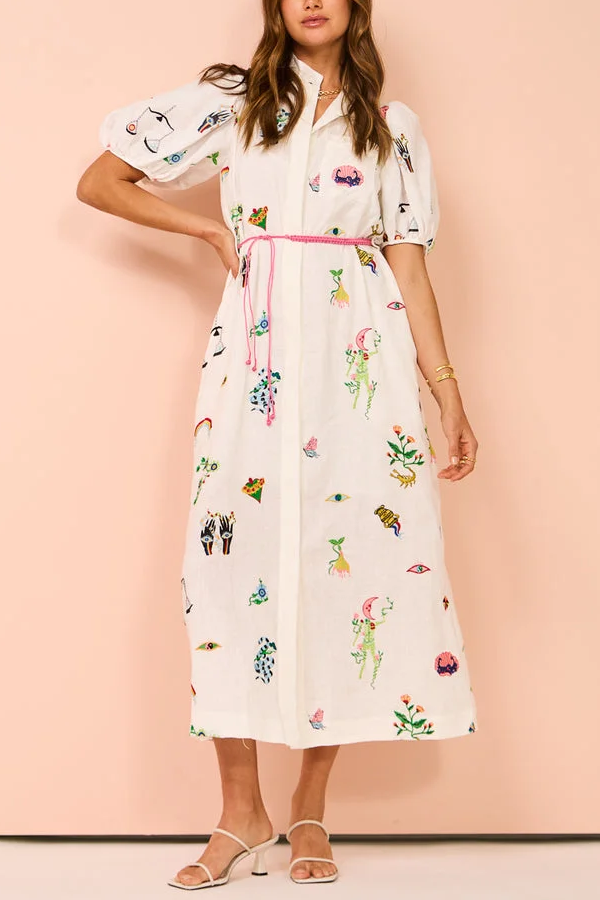 Embroidered Shirtdress In Cream White