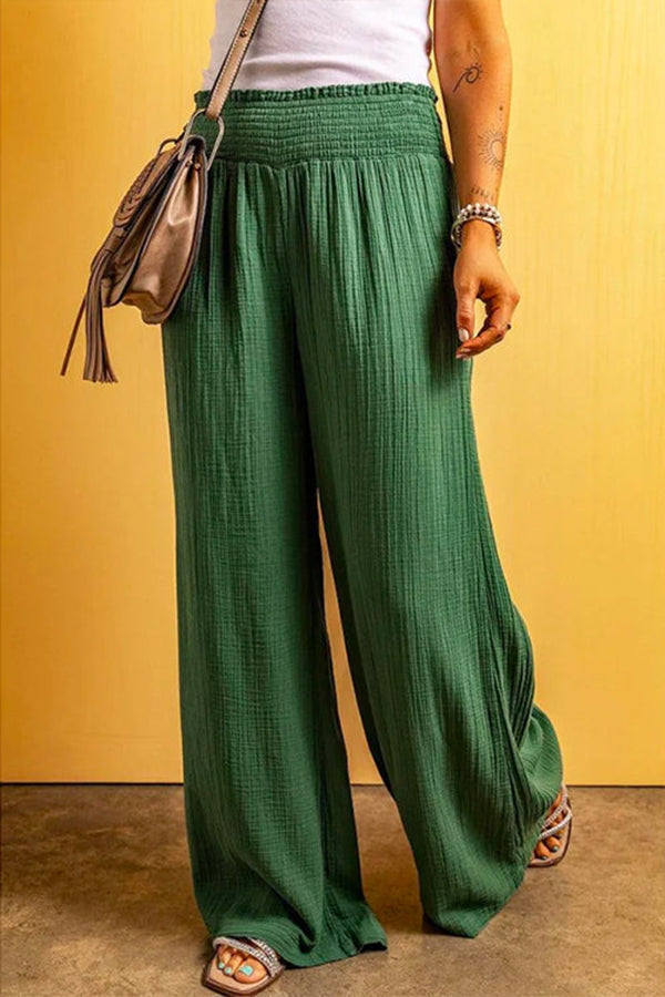 Smocked Elastic Waist Wide Leg Cotton Linen Pants Green