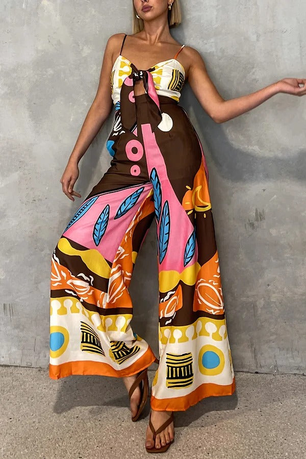 Unique Printed Suspenders Hollow Waist Wide-leg Jumpsuit