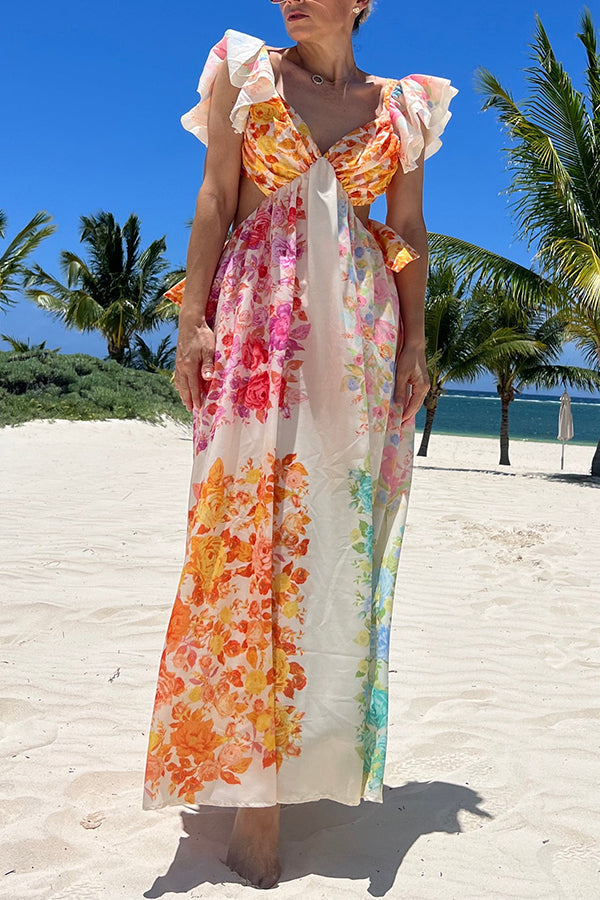 BLOOMING BEAUTY MULTICOLOR FLORAL FRILL CUTOUT BACK TIE-UP MAXI DRESS Multicolor