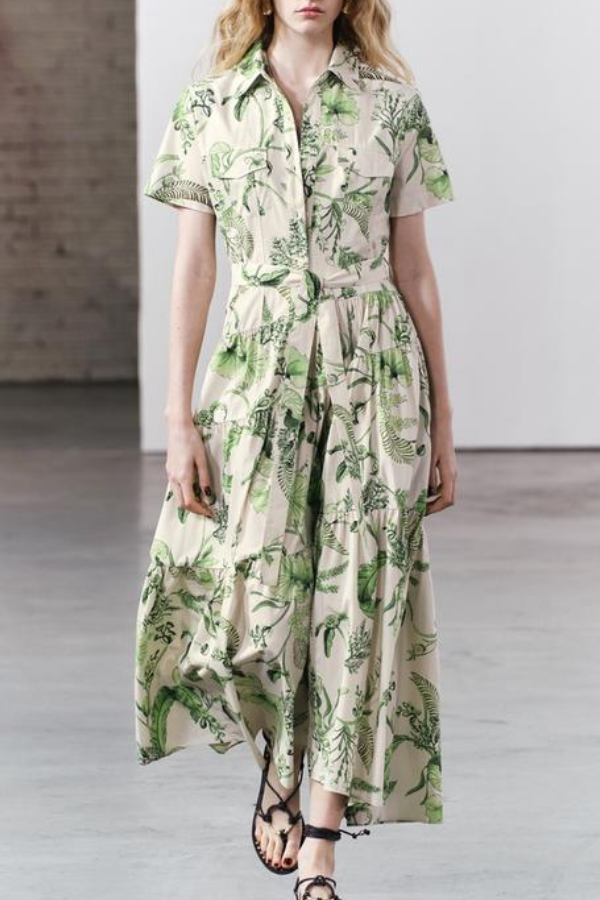 Green Floral Print Shirt Long Dress Green