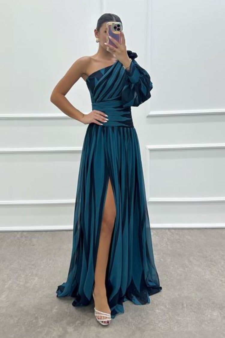 One-Shoulder Rose Detail Patterned Design Dress Navy blue