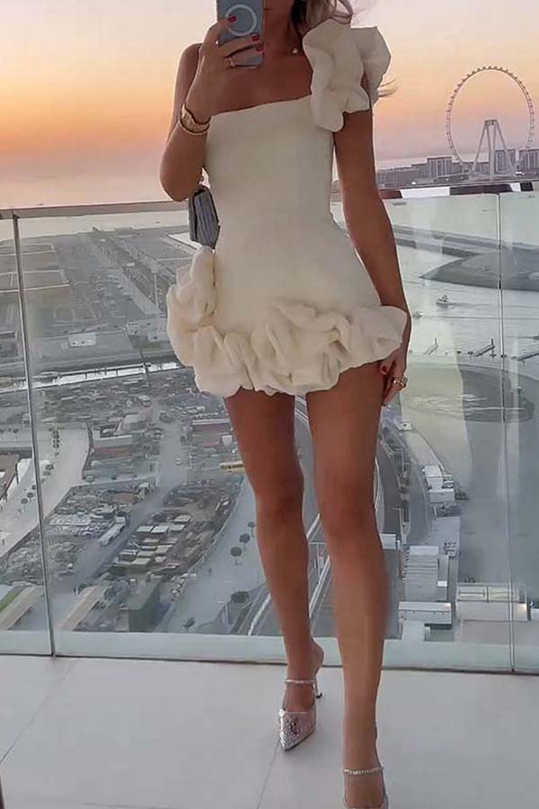 OFF-SHOULDER MINI RUFFLED FLOWER BUD MINI DRESS White