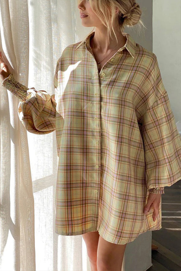 Mixed color plaid lantern sleeve long sleeve shirt Picture 4