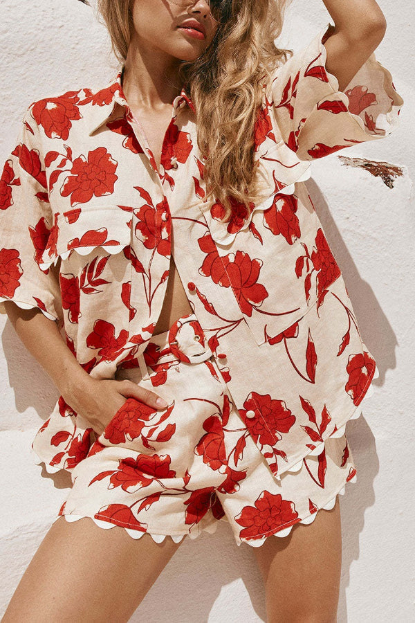 Fashionable and versatile lace print, stylish and casual Shorts Set Multicolor