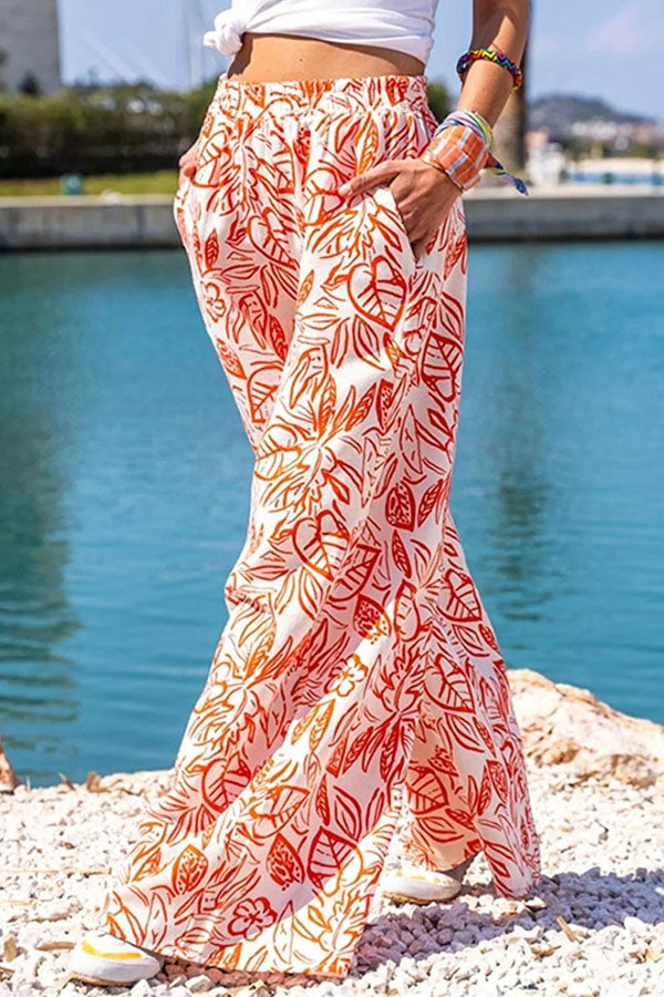 Printed trousers Wide-leg pants Diagonal pocket casual pants