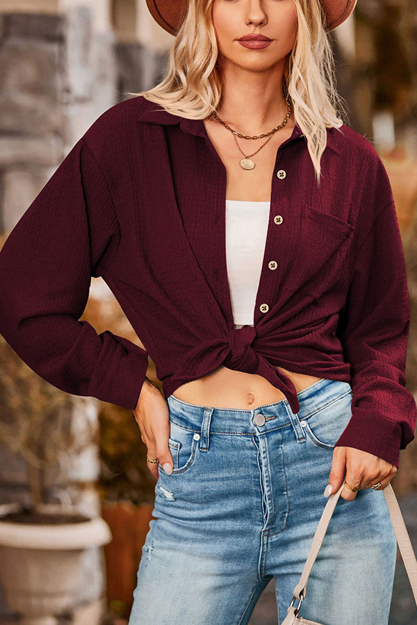 Loose Pocket Lapel Button Textured Blouse Red