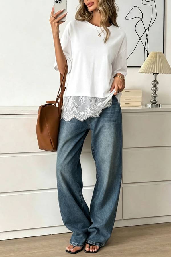 Casual Fake‑Two‑Piece Lace Hem Short Sleeve T‑Shirt