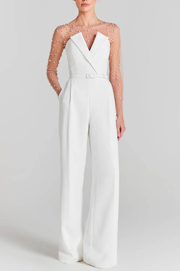 V Neck Strapless Pocketed Wide Leg Jumpsuit White