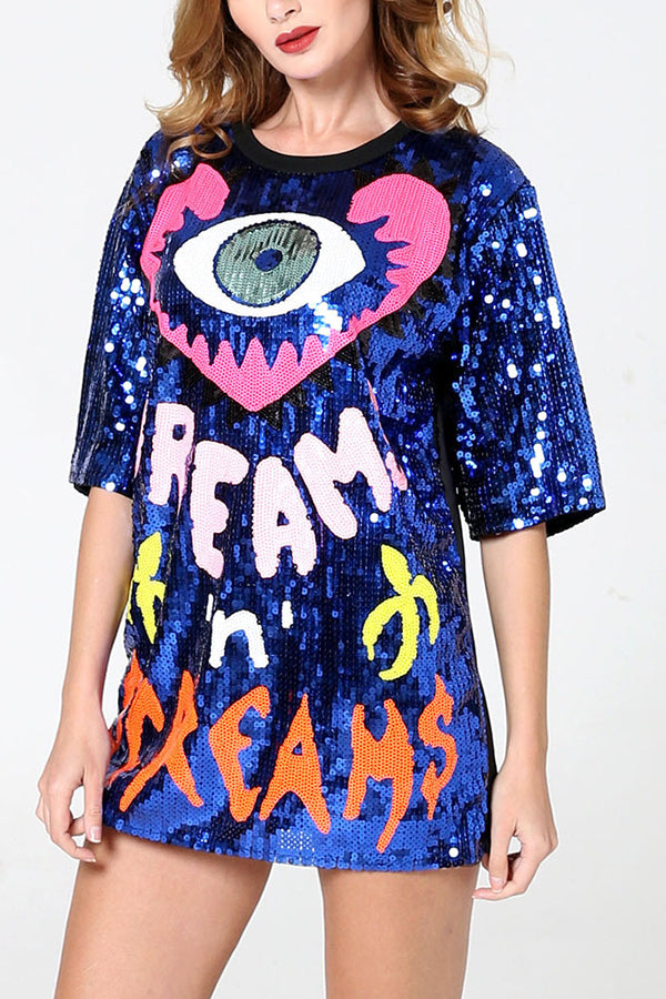 Love Eyes Letters Sequined Round Neck Short Sleeve Mid-Length Loose T-Shirt Blue ONE-SIZE