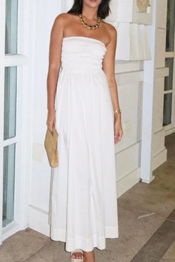 Retro Sleeveless Off-shoulder Elastic Pleated Maxi Dress White