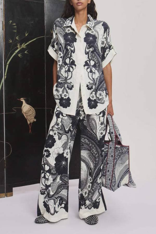 Ink Floral Print Short Sleeve Shirt & Wide Leg Pants Loungewear Set
