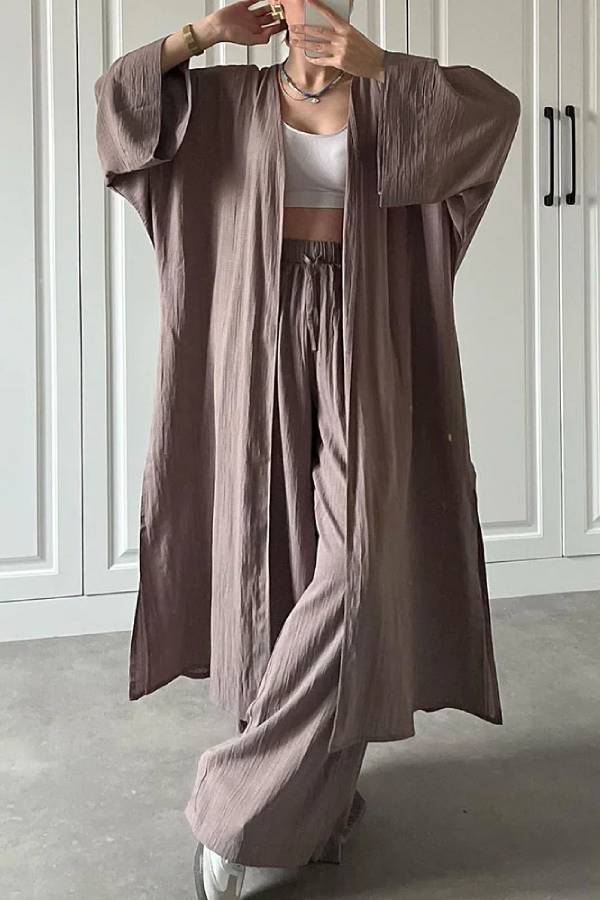 Casual Long Cardigan Slit Two-piece Set Grey