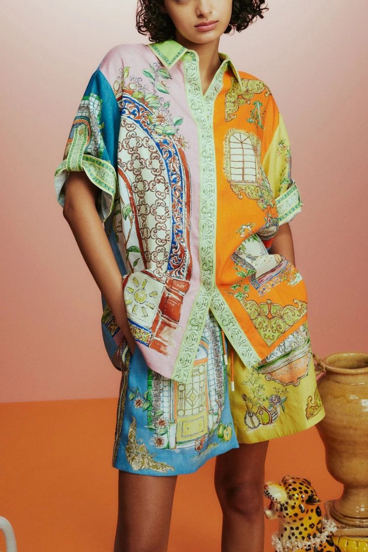 Unique Print Loose Short Sleeve Shirt and Elastic Waist Drawstring Pocket Shorts Set Multicolor