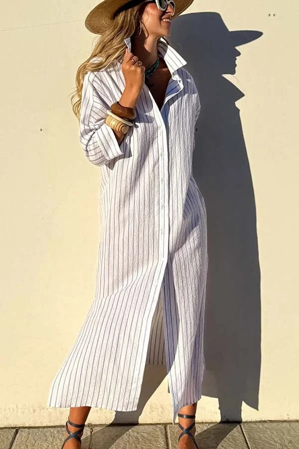 Robe chemise mi-longue boutonnée à rayures et manches mi-longues avec ceinture et poche