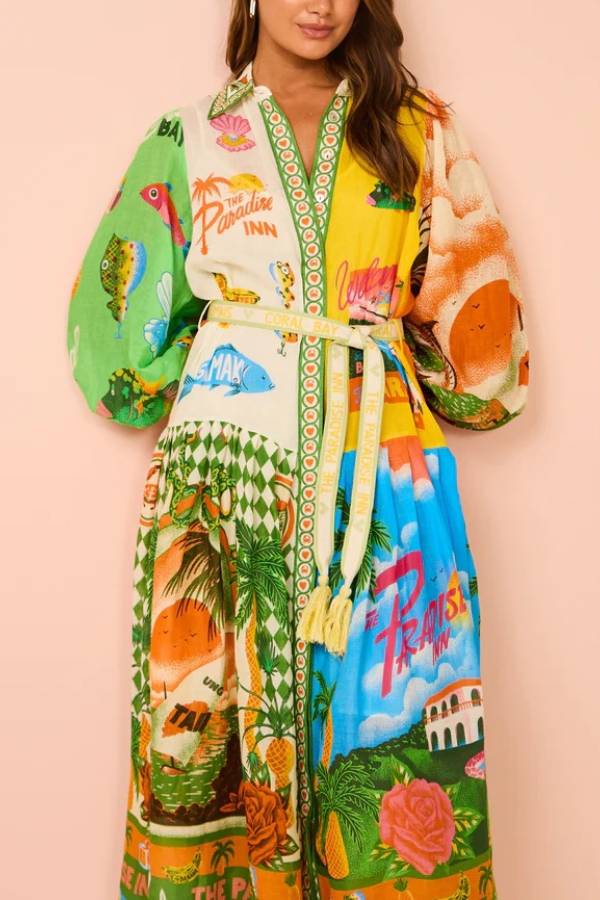 A World of Colour Unique Print Balloon Sleeve Belt Shirt Midi Dress