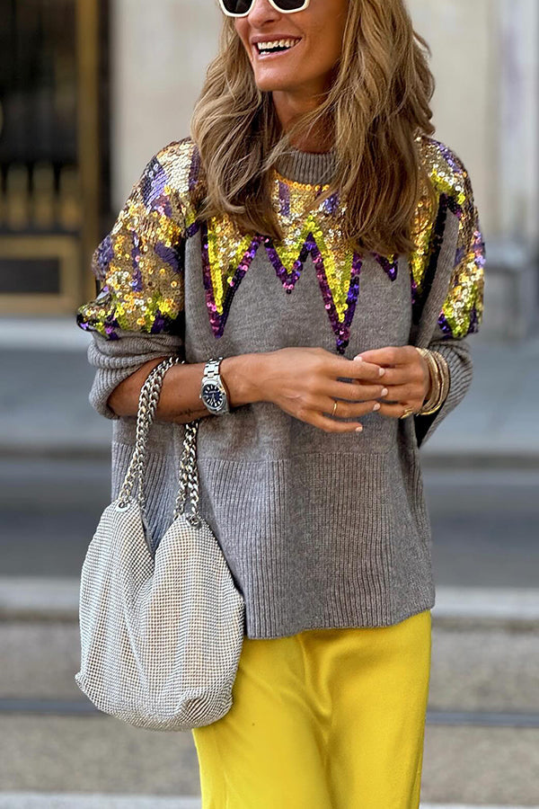 Loose knitted sweater with sequins Grey