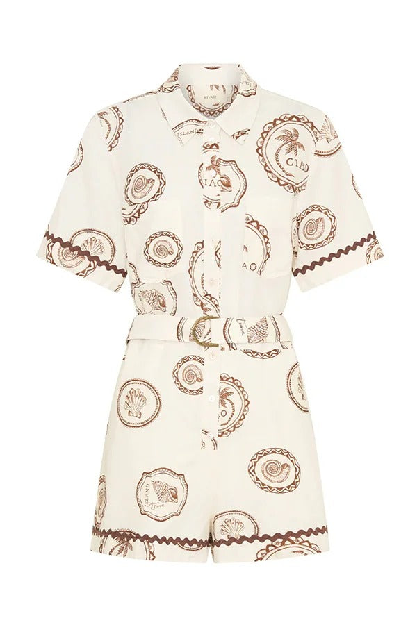 Resort Style Print Lapel Short Sleeves Casual Pocket Waist Tie Loose Rompers