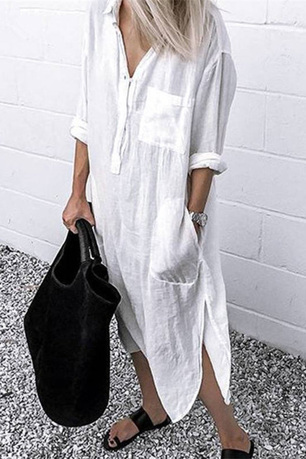 Elegant Solid Color Slit Shirt Dress White
