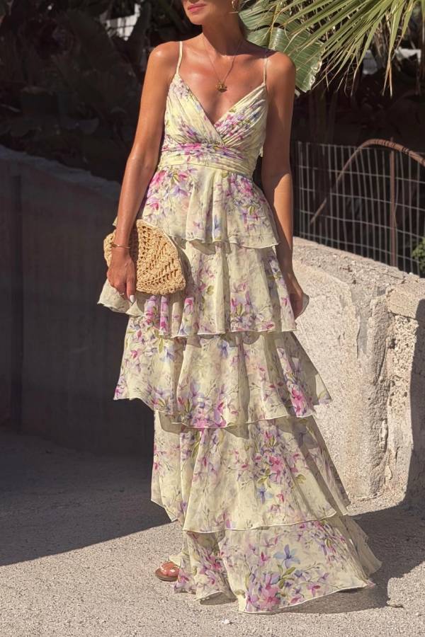 V-Neck Spaghetti Strap Floral Tiered Cake Vacation Maxi Dress