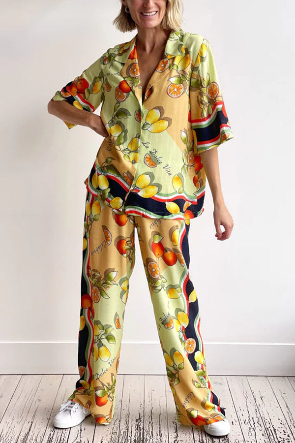Fruity Citrus Linen Blend Printed Wide Leg Vacation Pants Yellow