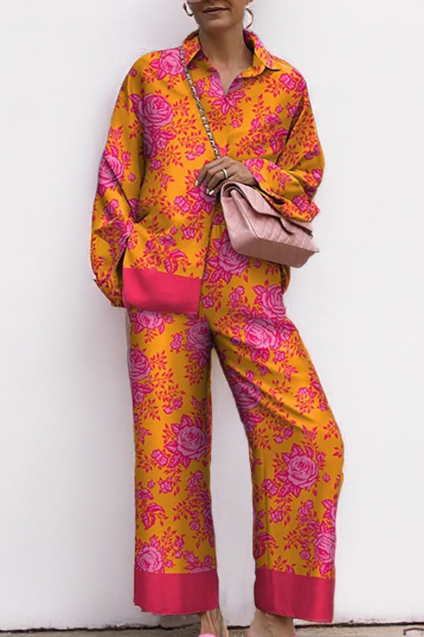 Loose Printed Long Sleeve Wide Leg Pants Fashion Suit Orange