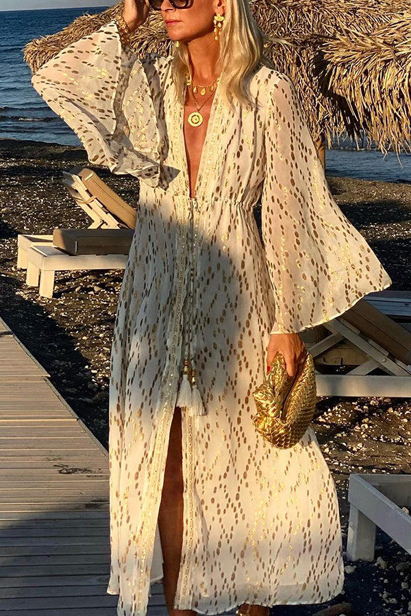Gold Glow Drawstring Elastic Waist Bell Sleeve Cover-up Kimono Maxi Dress