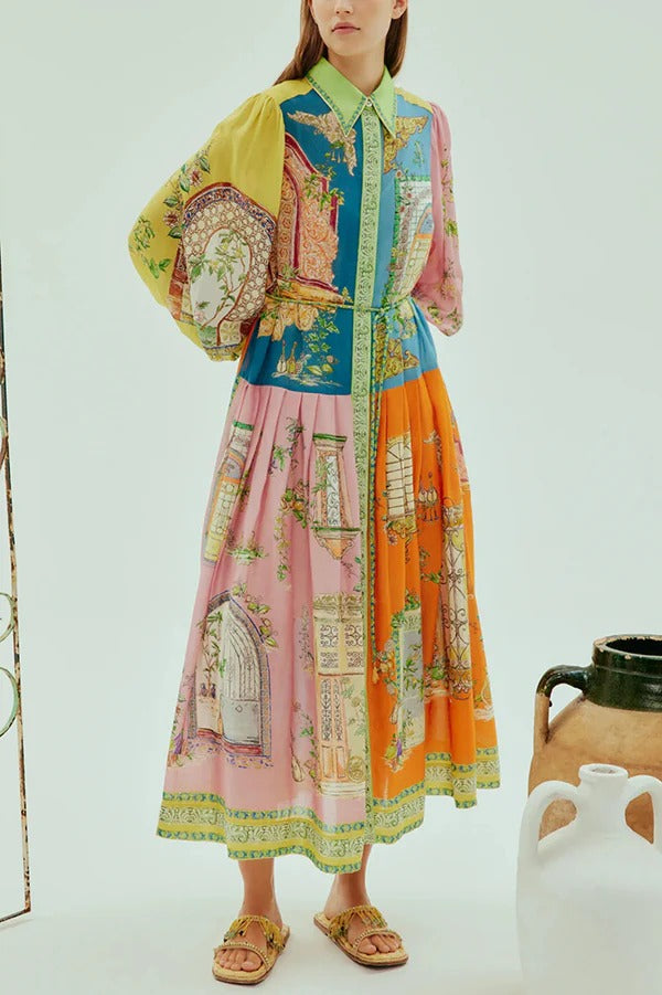 Unique Print Lapel Lantern Sleeve Single Breasted Tie Waist Midi Dress Multicolor