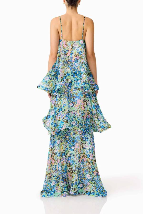 Floral Print Tiered Ruffle Maxi Slip Dress
