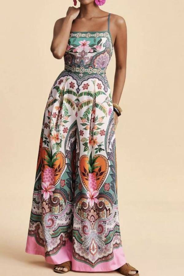 Multi-Color Tropical Floral & Parrot Print Cami Wide Leg Jumpsuit