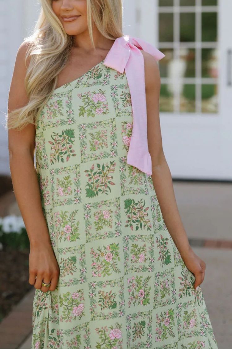Garden Atmosphere Floral Print One Shoulder Pink Bow Loose Maxi Dress