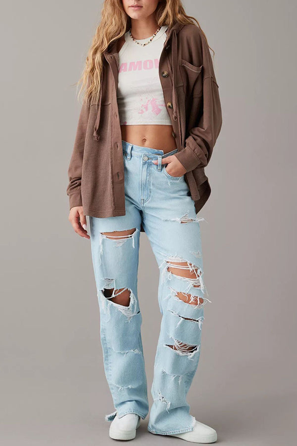 Hooded casual solid color long-sleeved top Brown