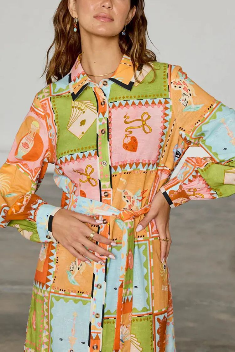 Linen Blend Unique Printed Long Sleeve Lapel Tie-waist Midi Dress