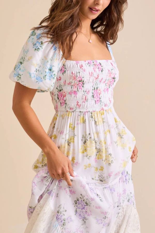 Colorful Floral Square Neck Puff Sleeve Lace Insert Tiered Maxi Dress