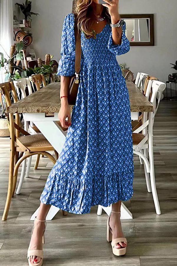 V-neck long skirt waist floral print large swing dress Blue