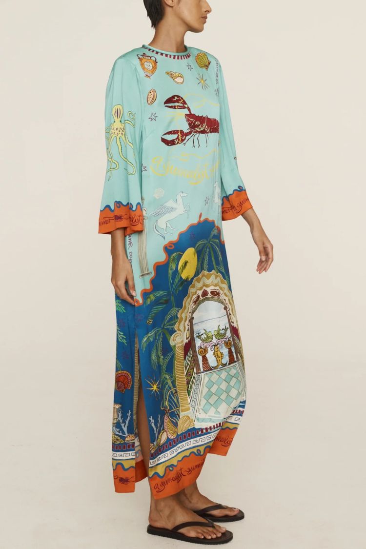 Satin Unique Print Long-sleeve Tie-waist Slit Maxi Dress