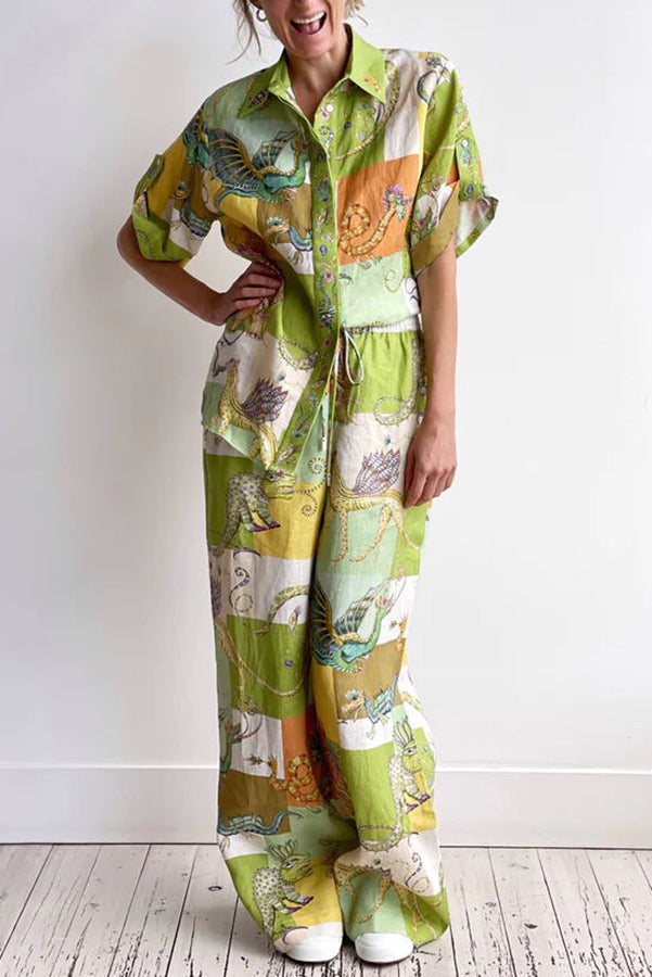 Dragon Family Linen Blend Printed Elastic Waist Pocketed Wide Leg Pants Green